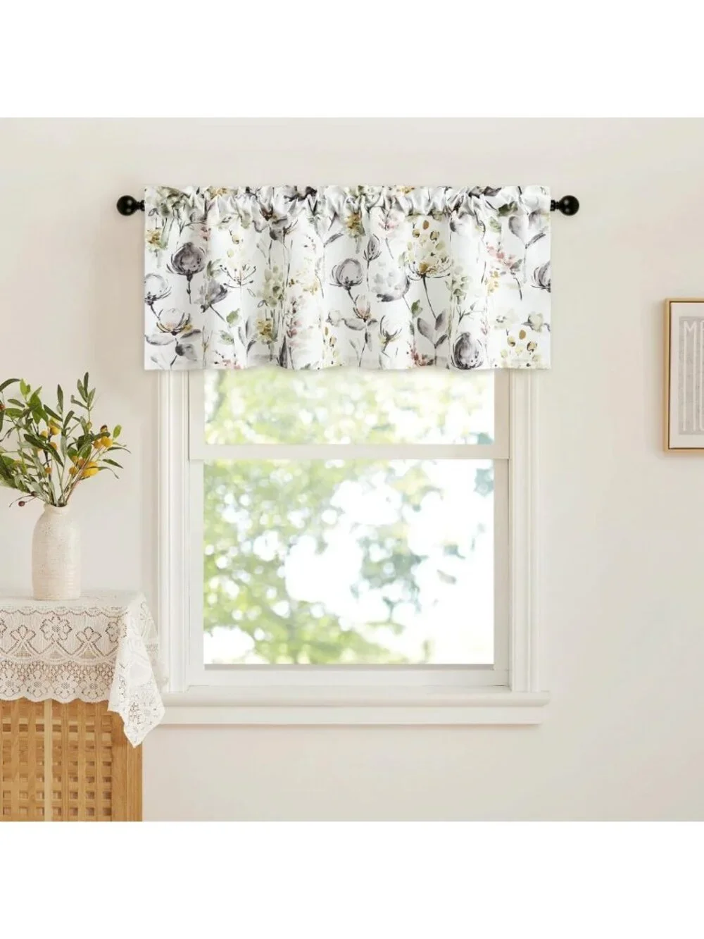 Watercolor Flower Print Kitchen Valance Curtain, 52x14 Window Treatment Panel
